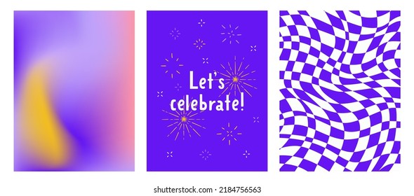 Set of vector templates for the holiday. Distorted checkered background,a mesh gradient and a greeting card with fireworks and the inscription let's celebrate. Design of a invitations, postcards