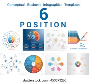 Set Vector Templates Infographics Business Conceptual Cyclic Processes for Six Positions Text Area, Possible to use for Workflow, Banner, Diagram, Web Design, Timeline, Area Chart