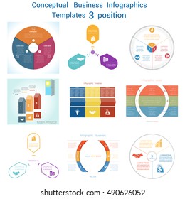 Set Vector templates Infographics business conceptual cyclic processes for three positions text area, possible to use for pie chart, workflow, banner, diagram, web design, timeline, area chart 