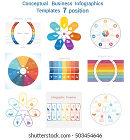 Set Vector templates Infographics business conceptual cyclic processes for seven positions text area, possible to use for pie chart. Eps file is layered and fully organised, objects are grouped