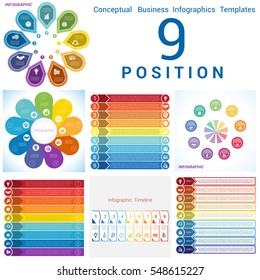 Set Vector templates Infographics business conceptual cyclic processes for nine positions text area, possible to use for pie chart, workflow, banner, diagram, web design, timeline, area chart 