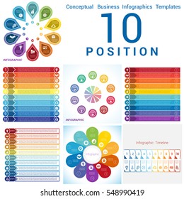 Set Vector templates Infographics business conceptual cyclic processes for ten positions text area, possible to use for pie chart, workflow, banner, diagram, web design, timeline, area chart