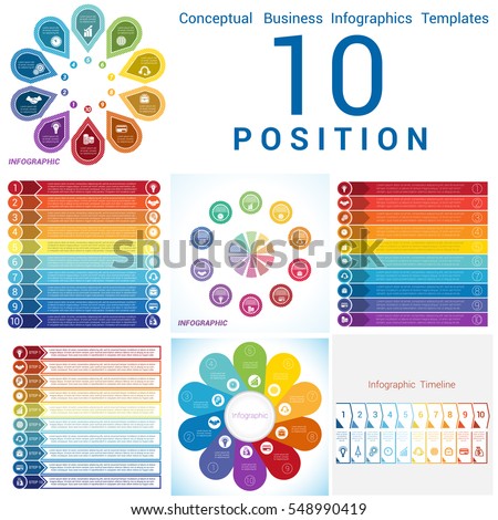 Set Vector templates Infographics business conceptual cyclic processes for ten positions text area, possible to use for pie chart, workflow, banner, diagram, web design, timeline, area chart