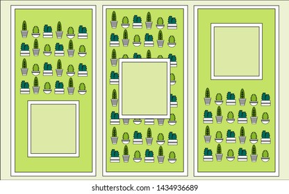 A set of vector templates for invitations, labels, ads with space for your text and with a floral pattern. A lot of cacti in pots on a light green background