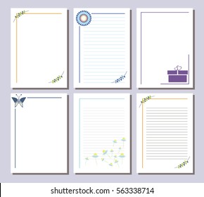Set of vector templates for letter or greeting card. Different simple forms with frame, gift, butterfly, flowers lines and branches with leaves. A4 format