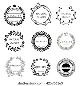 Set of vector templates for logos and icons on the theme of quality in eco style. Collection certificates elements.