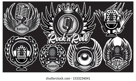 Set of vector templates with microphone and wings on black background.