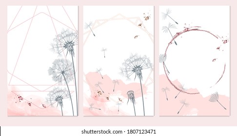 Set of vector templates in minimalist feminine floral style with dandelions, pink, white and grey colors