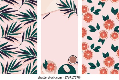 Set of vector templates with palm leaves and grapefruits on a light pink background for instagram stories