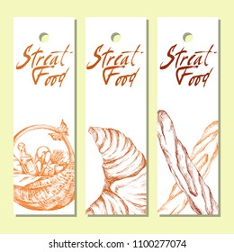 Set of vector templates with a pattern of bread, baking, picnic products. Design-a set of leaflets for the organizers of the holiday, promotional materials for street food. Design for tags, labels or