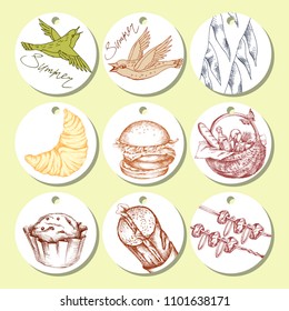 Set of vector templates with a pattern of bread, baking, picnic products. Design-a set of leaflets for the organizers of the holiday, promotional materials for street food. Design for tags, labels or