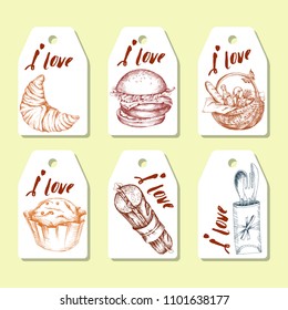 Set of vector templates with a pattern of bread, baking, picnic products. Design-a set of leaflets for the organizers of the holiday, promotional materials for street food. Design for tags, labels or