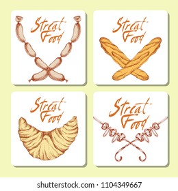 Set of vector templates with a pattern of bread, baking, picnic products. Design-a set of leaflets for the organizers of the holiday, promotional materials for street food. Design for tags, labels or