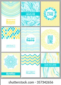 Set of vector templates, posters, colorful print, layout, hand drawn elements, logo, collection of slide, design in mint yellow colors