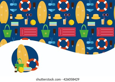 set of vector templates for PR and invitations - beach accessories: towels, bag,  rubber ring, suntan cream, orange juice, hat, sunglasses, ice cream, swimsuit, surfboard, sea, summer, beach