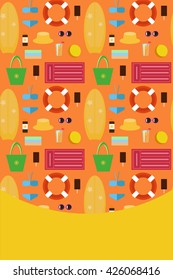 set of vector templates for PR and invitations - beach accessories: towels, bag, rubber ring,  orange juice, hat, sunglasses, ice cream, swimsuit, surfboard, sea, summer