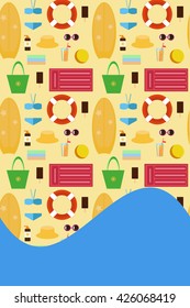 set of vector templates for PR and invitations - beach accessories: towels, bag, rubber ring, suntan cream, orange juice, hat, sunglasses, ice cream, swimsuit, surfboard, sea, summer, beach