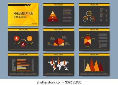 Set of vector templates for presentation slides. Modern business design with graph and charts.