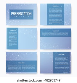 Set of vector templates for presentation slides. Brochure, Leaflet, flyer, cover, magazine or annual report. Modern business, science, medicine design. Geometric abstract background molecule