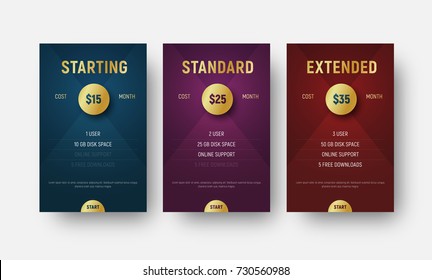 set of vector templates of price tables with a golden circle for indicating are valuable. Premium design of blue, red and violet banners with diagonals on the background.