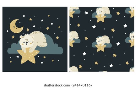 Set of vector templates for printing on children's products. Cute sleeping Bear lying on a cloud and holding a star. Seamless vector pattern with moon and stars 