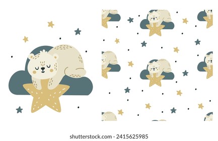 Set of vector templates for printing on children's products. Cute sleeping Bear lying on a cloud and holding a star. Seamless vector pattern with moon and stars 