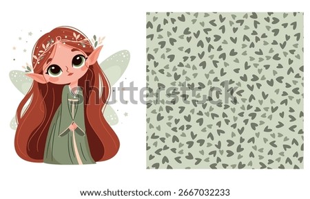 A set of vector templates for printing on children's products. A cute fairy on a white background and a seamless vector pattern on a green background with hearts. Vector illustrations