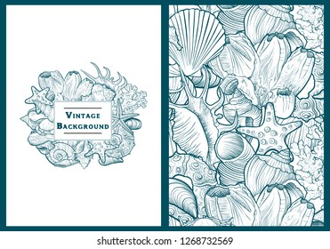 Set of vector templates with seashells , hand drawn illustration, sea background for invitation or gift card, cover design, poster