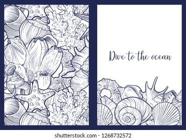 Set of vector templates with seashells , hand drawn illustration, sea background for invitation or gift card, cover design, poster