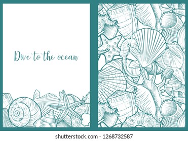 Set of vector templates with seashells , hand drawn illustration, sea background for invitation or gift card, cover design, poster