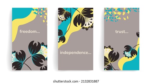Set of vector templates for social media posts, stories, banners, mobile apps, web, advertising, cover. Simple design with copy space for text, abstract black colors and Ukrainian flag elements