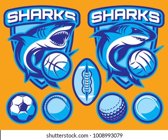 set of vector templates for sports badges with sharks and balls.