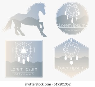 Set of vector templates for stickers, banners, labels and other design in boho style. Silhouette of running horse with double exposure effect, simple geometric figures with place for your text. 