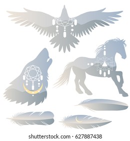 Set of vector templates for stickers, banners, labels and other design in boho style. Silhouette of running horse, bird of prey, howling wolf with double exposure effect