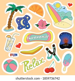 Set of vector templates for stickers on the theme of summer. Bright images and inscriptions. Suitable for decorating a diary and a planner.