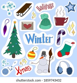 Conjunto de plantillas vectoriales para pegatinas sobre el tema invernal. Imágenes e inscripciones brillantes. Adecuado para decorar el diario y el diario.