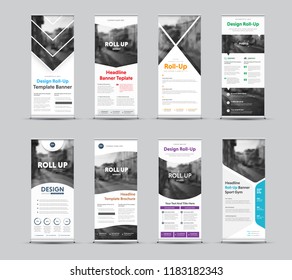 Set of vector templates of white roll-up banners with place for photo. Forms for business and advertising with different geometric elements of design.