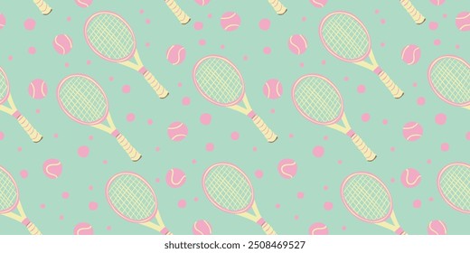 Conjunto de Elementos de tenis de Vector. Raqueta de tenis dibujada a mano y pelota. Patrón dibujado a mano sin fisuras en estilo doodle. Colores pastel tranquilos.