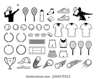 Set of vector tennis icons, tennis apparel and equipment illustration