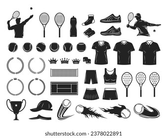 Set of vector tennis icons, tennis apparel and equipment illustration