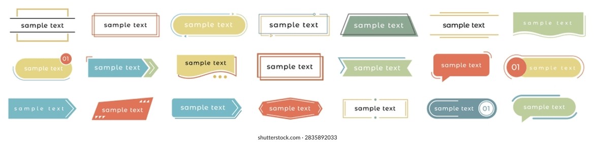 Set of vector text boxes, banners, lower thirds, frames, and speech bubble design elements featuring colorful pastel fills, geometric outlines, and placeholder sample text, isolated on a white background.