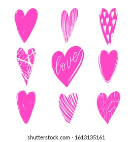 Set of vector texture pink hearts. Love symbol. Beautiful, ornamental hearts for Valentines Day