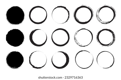 Set of vector textured circles. Collection of round paint brush strokes. Hand drawn brush stroke textures