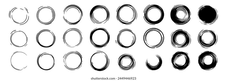 Set of vector textured circles. Collection of round paint brush strokes. Hand drawn brush stroke textures