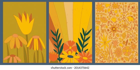 set vector textured groovy posters  Hippie flowers Funky psychedelic pattern Abstract boho postcard Vintage card and waves  flower  leaf  clouds Collection hippie aesthetics the 60s   70s 
