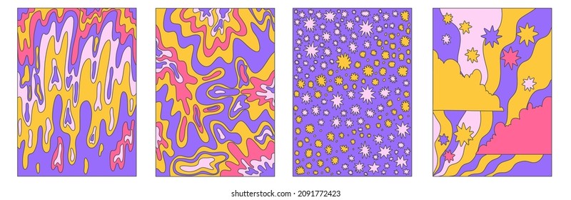 set of vector textured groovy posters.Funky psychedelic pattern.faded stains.Abstract boho postcard.Vintage card with waves, stars, clouds.Collection hippie aesthetics of the 60s and 70s.