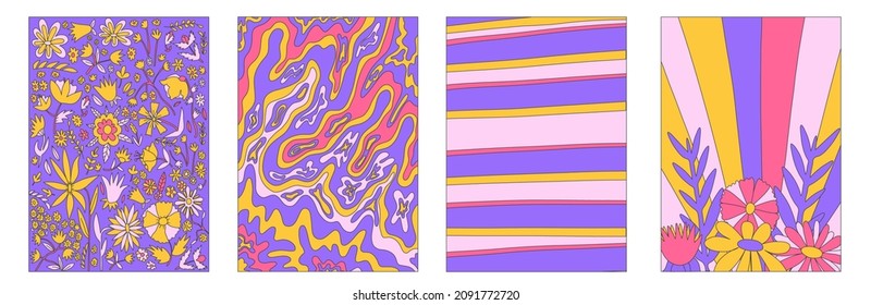 set of vector textured groovy posters.Funky psychedelic pattern.Cottage core placard.Abstract boho postcard.Vintage card with waves, stars, clouds.Collection hippie aesthetics of the 60s and 70s