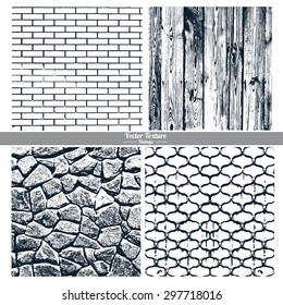 Set of vector textures. Dark texture brick wall, wood, stone wall, cast iron grid.