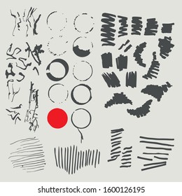 Set of vector textures. Ink strokes, circles and line. Grunge. Rough textured