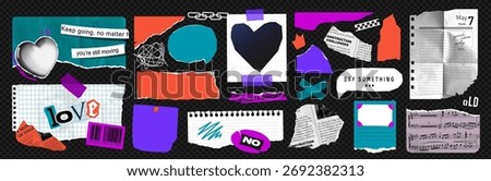 Set of vector textures of paper, old newspapers, music sheet torn into pieces. Pinned Clippings of notebook and cardboard with photo frame, barcode and stickers in retro style. Trendy Y2K items.